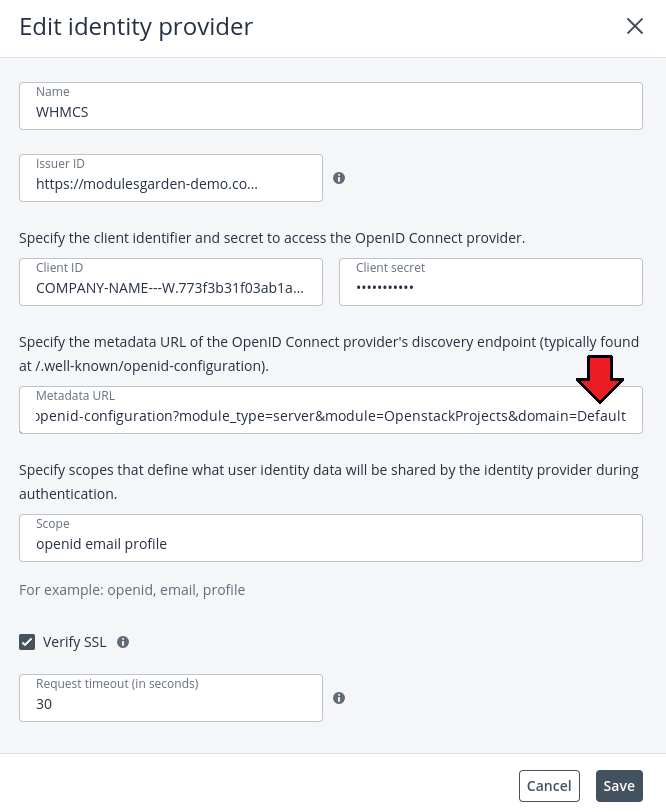 OpenStack Projects For WHMCS: VHI Edit identity provider dialog with the Metadata URL field ending with the domain