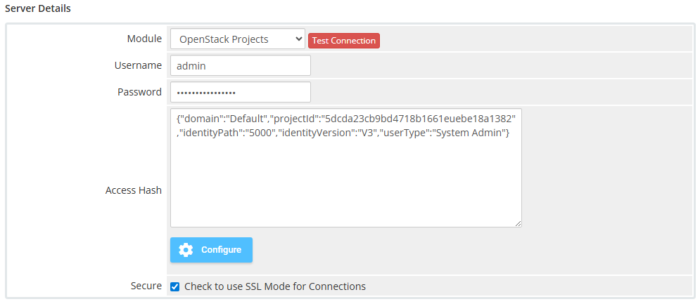 OpenStack Projects For WHMCS: VHI server details with the Access Hash filled in and the Configure button