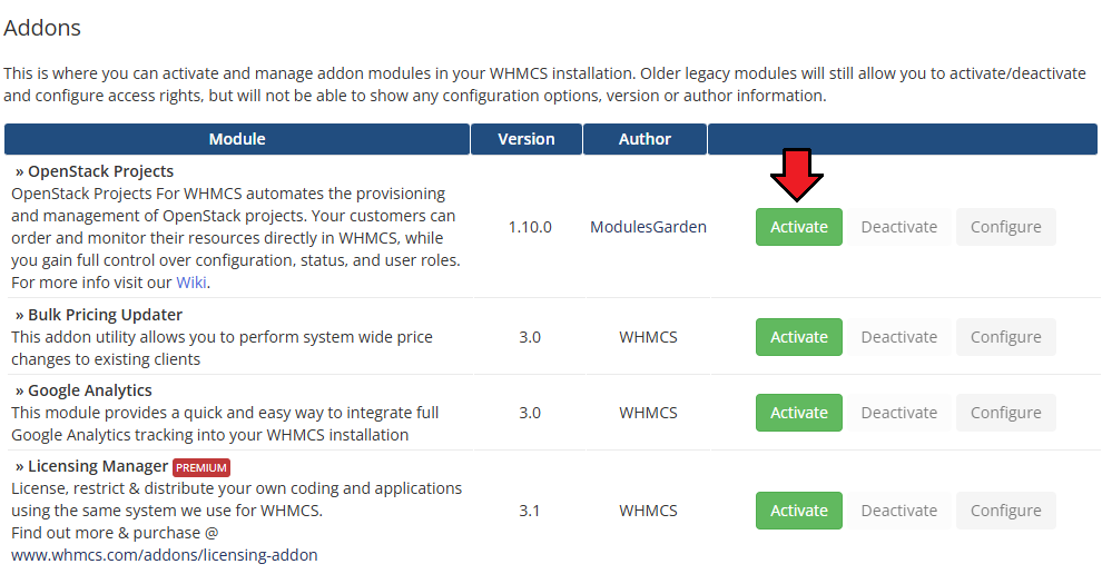 OpenStack Projects For WHMCS: WHMCS Addon Modules list with the Activate button next to the OpenStack Projects addon