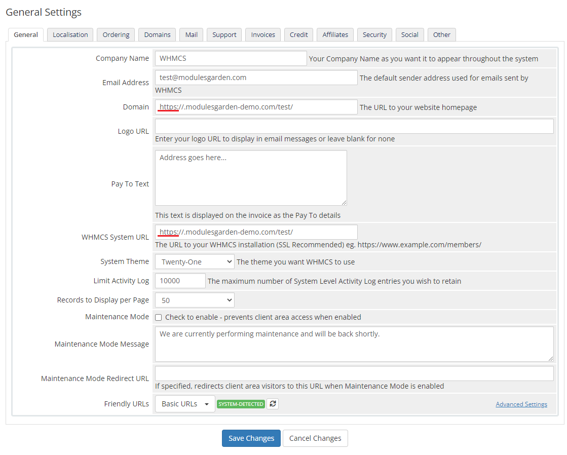 OpenStack Projects For WHMCS: WHMCS General Settings page with Domain and WHMCS System URL fields using the https