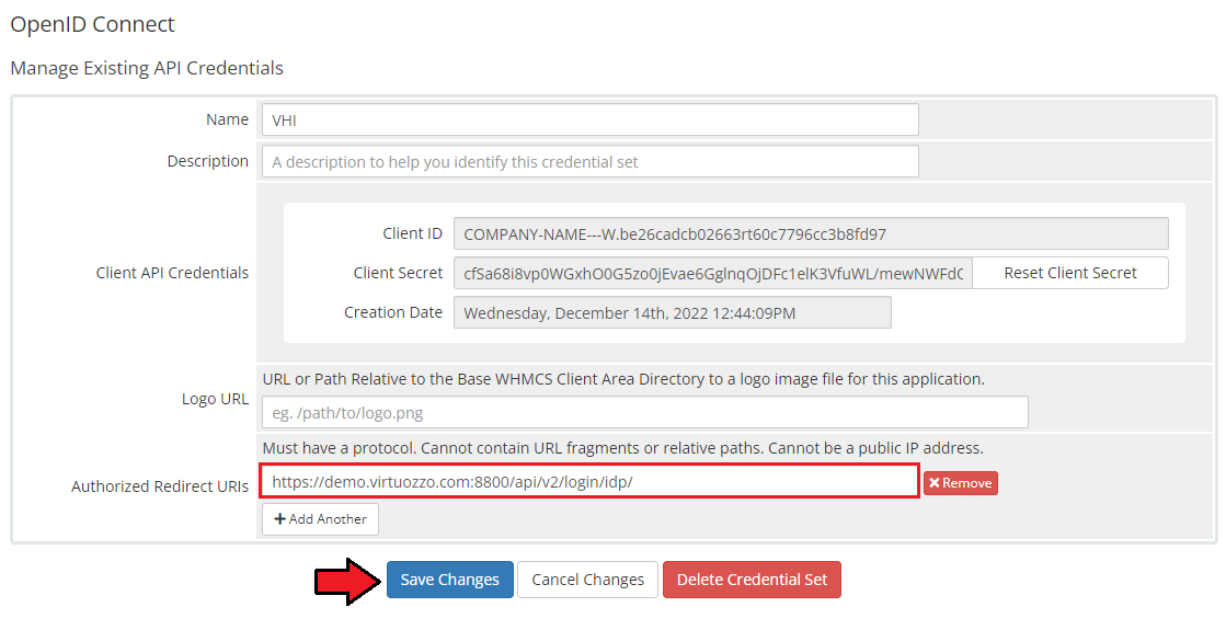 OpenStack Projects For WHMCS: WHMCS OpenID Connect credentials with the Authorized Redirect URIs field for VHI