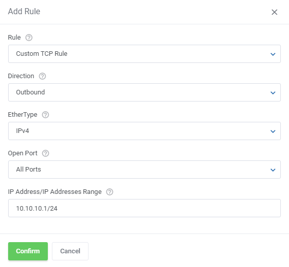 OpenStack VPS And Cloud For WHMCS: Add Rule dialog with rule, direction, EtherType, open port and IP address range