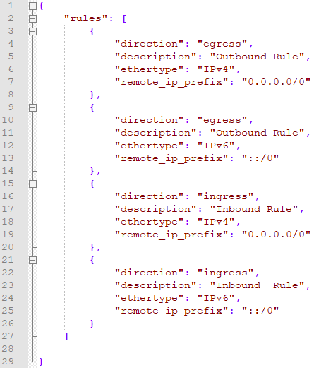 OpenStack VPS And Cloud For WHMCS: additionalRules.json file in an editor showing default ingress and egress security