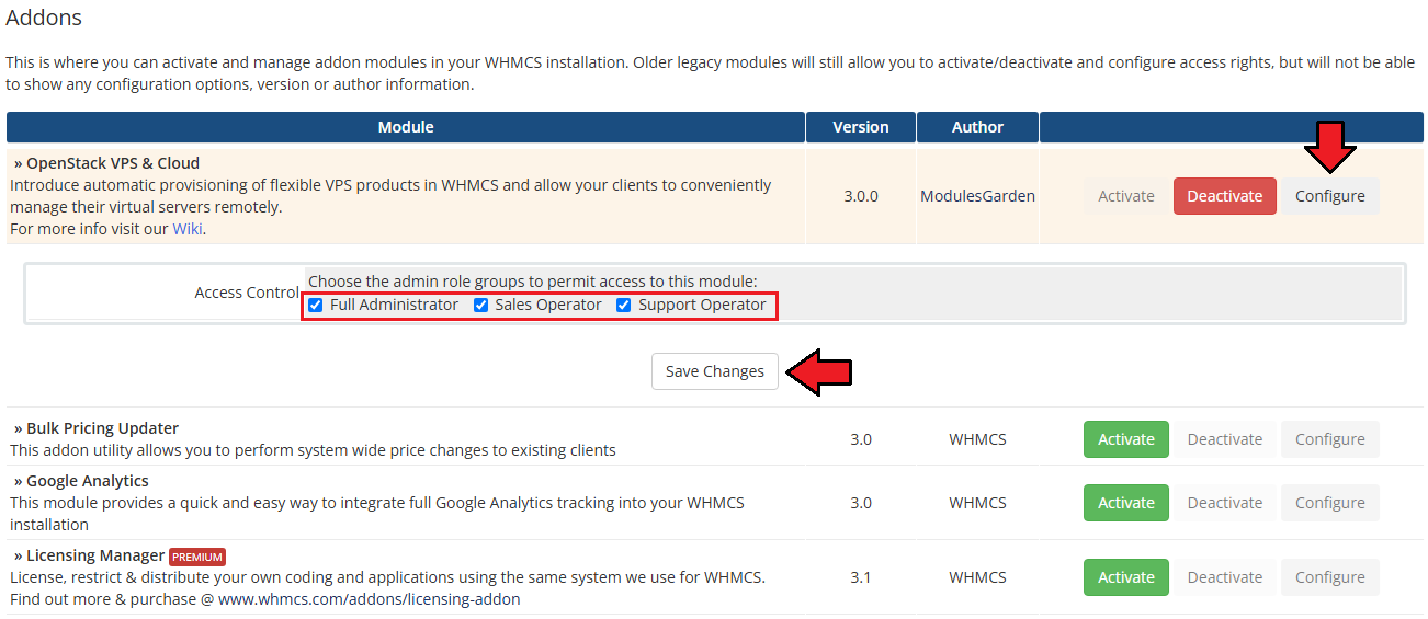 OpenStack VPS And Cloud For WHMCS: addon Configure panel with Access Control admin role checkboxes and Save Changes