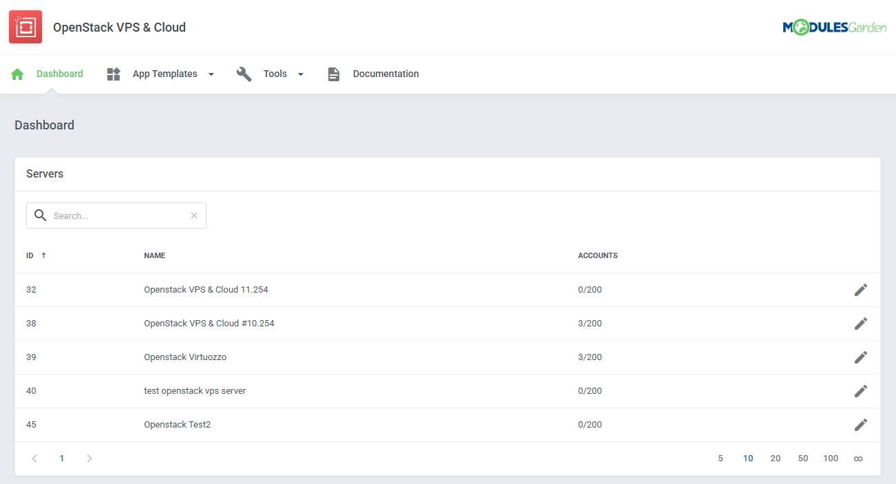 OpenStack VPS And Cloud For WHMCS: addon Dashboard page with the Servers table showing ID, name and accounts columns
