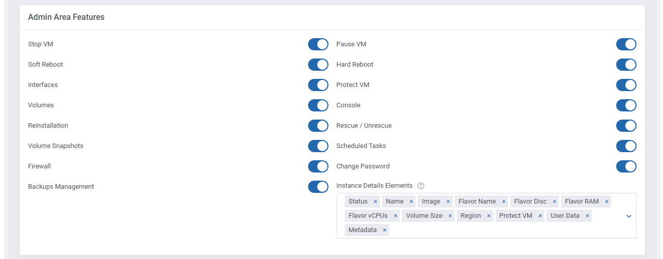 OpenStack VPS And Cloud For WHMCS: Admin Area Features section with feature switches and Instance Details Elements field