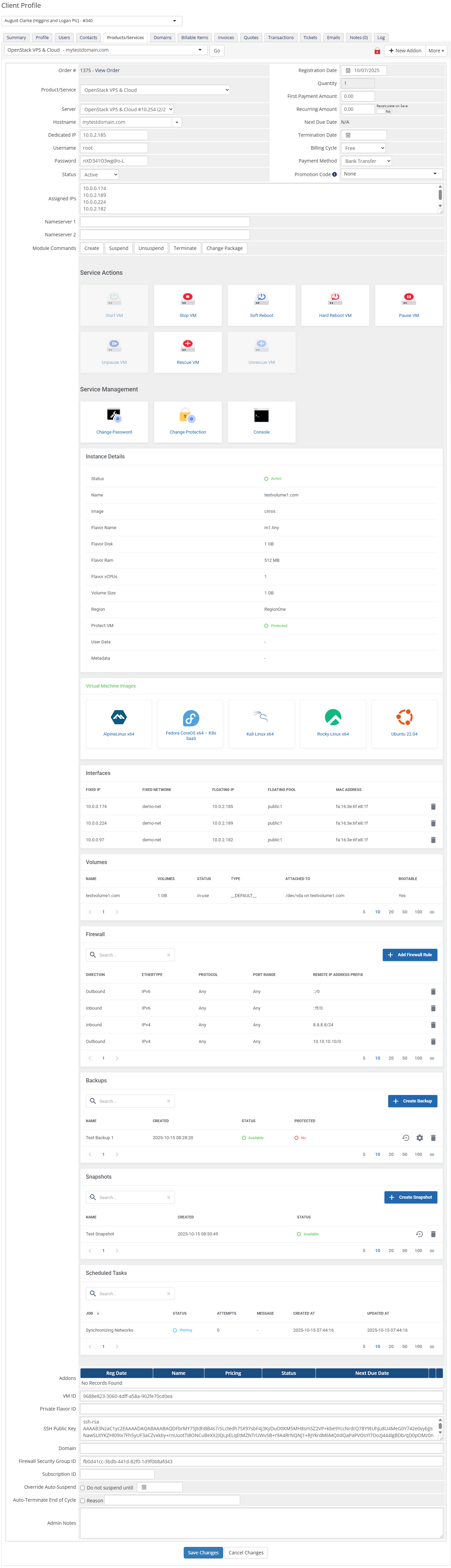 OpenStack VPS And Cloud For WHMCS: WHMCS admin area service page with module commands, actions and instance details