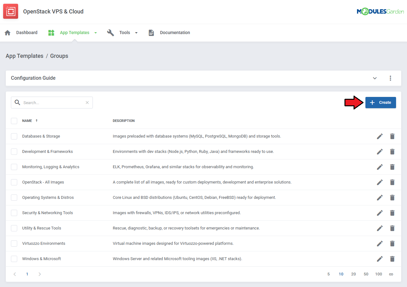 OpenStack VPS And Cloud For WHMCS: module App Templates Groups page with the list of groups and the Create button