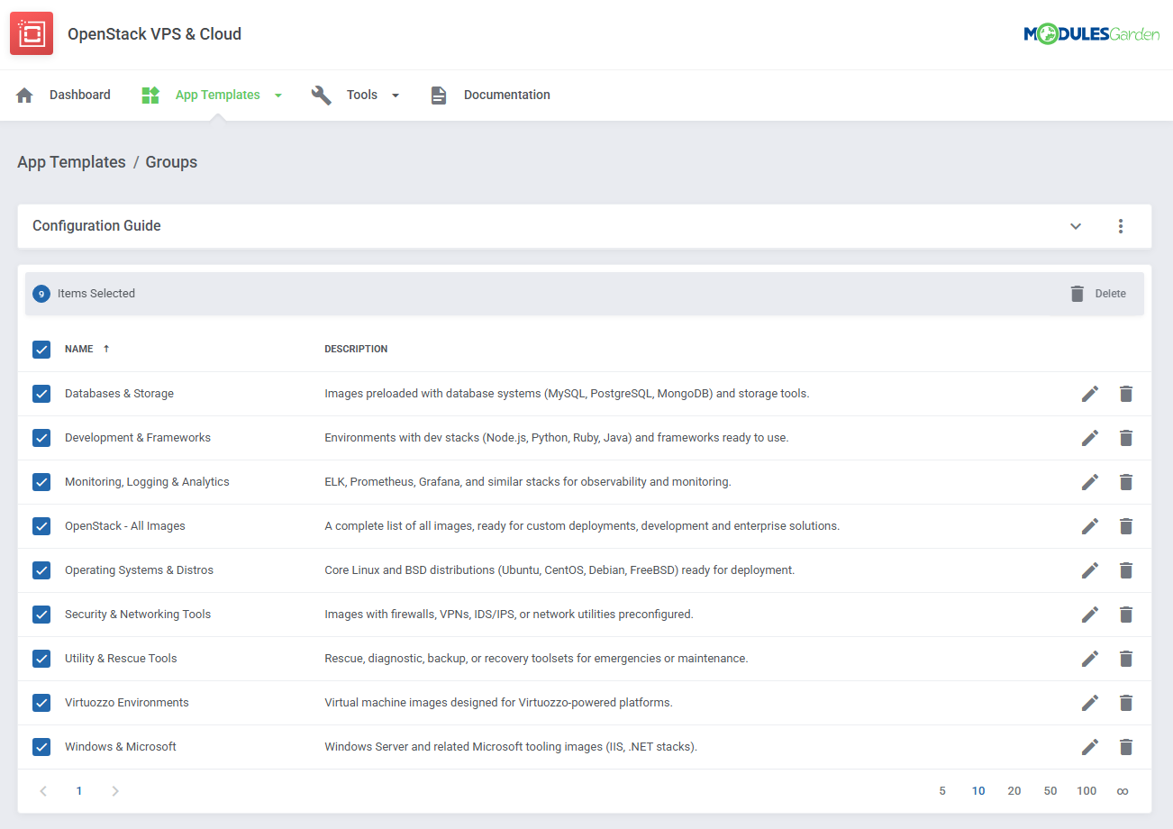 OpenStack VPS And Cloud For WHMCS: App Templates Groups list with all rows selected and the mass Delete action bar