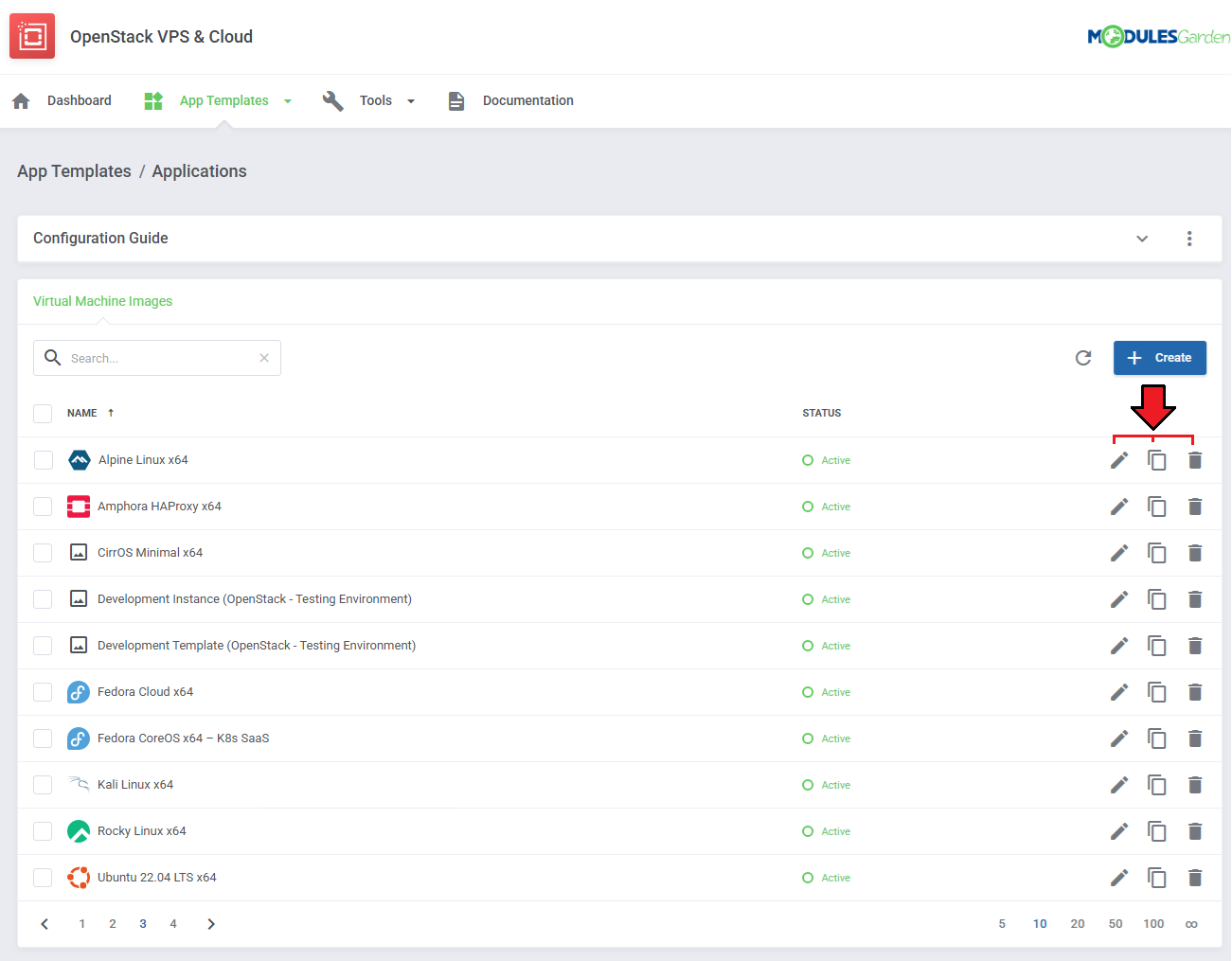 OpenStack VPS And Cloud For WHMCS: App Templates Applications list of imported images with edit, duplicate and delete