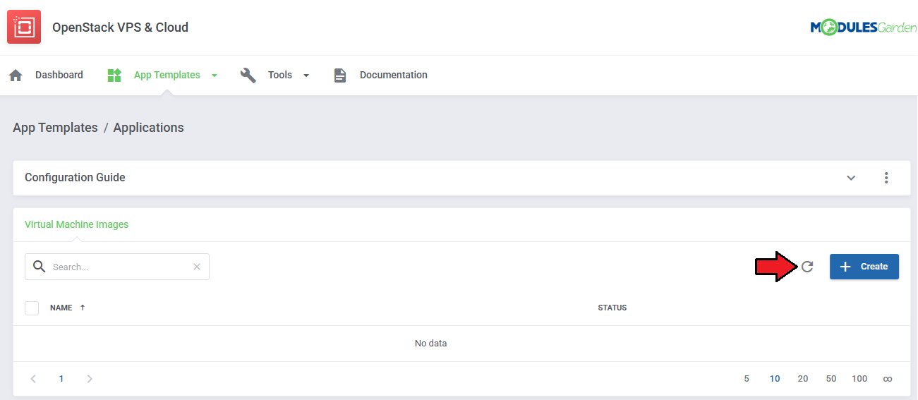 OpenStack VPS And Cloud For WHMCS: app templates Virtual Machine Images list with the refresh button and Create button