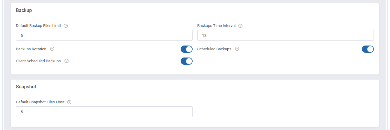 OpenStack VPS And Cloud For WHMCS: Backup and Snapshot sections with file limits, time interval and scheduled backup