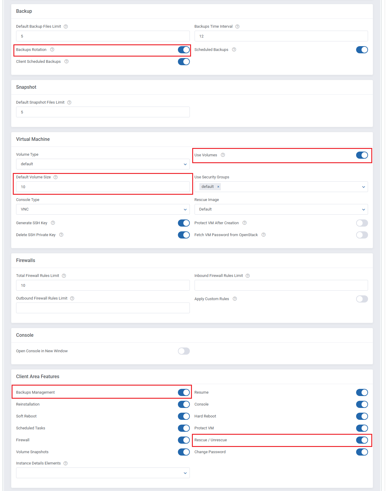 OpenStack VPS And Cloud For WHMCS: product settings with Backup, Virtual Machine, Firewalls and Client Area sections