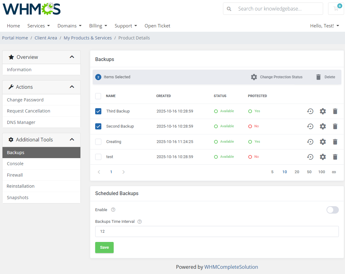 OpenStack VPS And Cloud For WHMCS: WHMCS client area Backups table with two backups selected and mass actions available