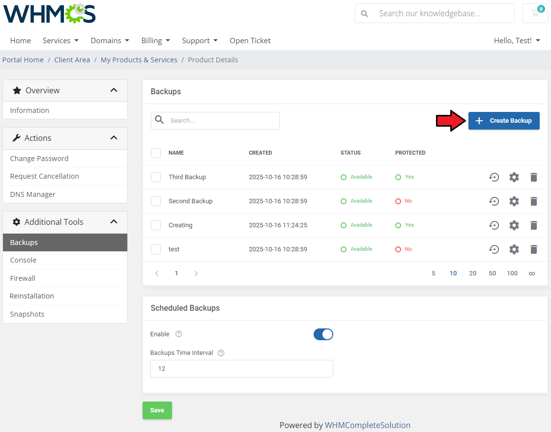 OpenStack VPS And Cloud For WHMCS: WHMCS client area Backups page with the Create Backup button marked