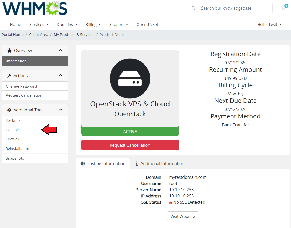 OpenStack VPS And Cloud For WHMCS: WHMCS client area product page with an arrow pointing to the Console link in the