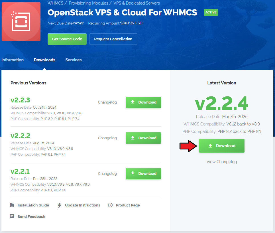 OpenStack VPS And Cloud For WHMCS: download page in the client area with the latest module version and Download button