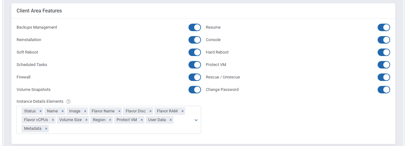OpenStack VPS And Cloud For WHMCS: Client Area Features section with feature switches and Instance Details Elements