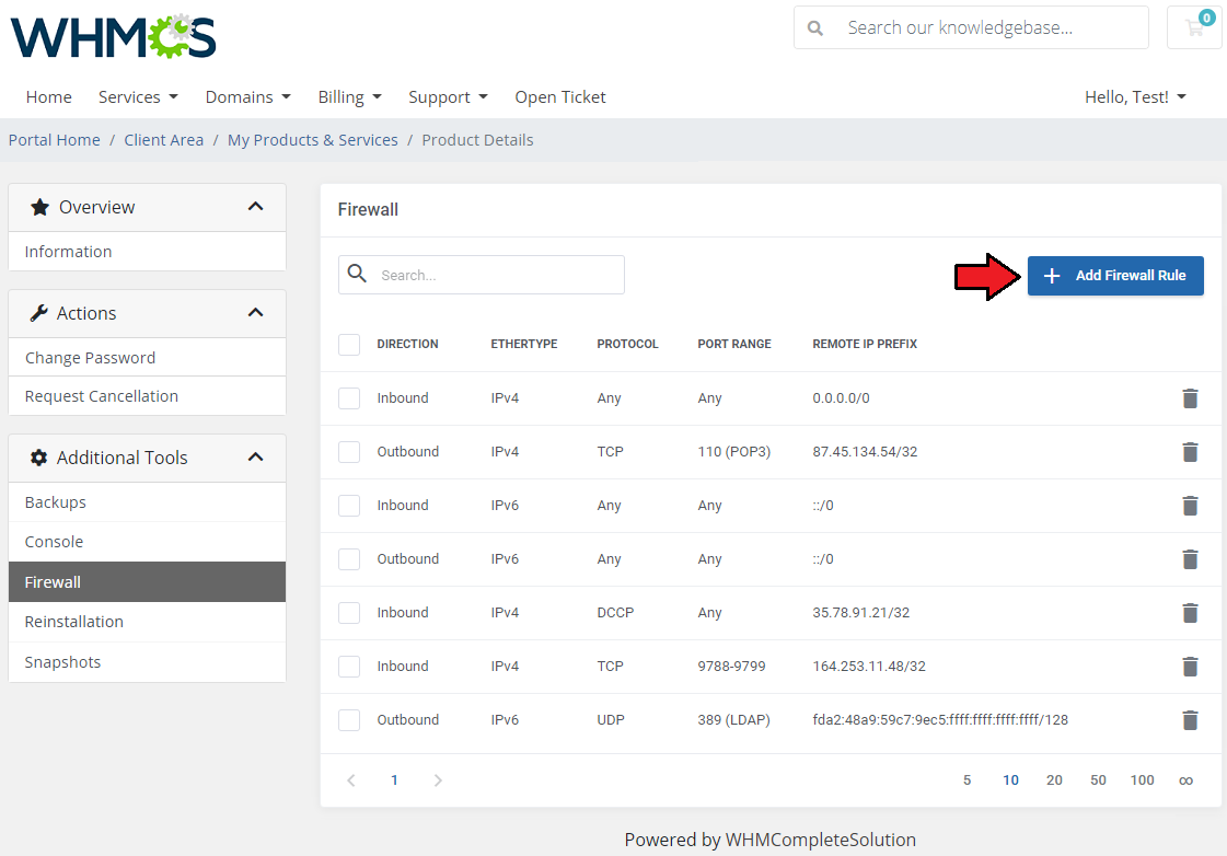 OpenStack VPS And Cloud For WHMCS: WHMCS client area Firewall page with the Add Firewall Rule button marked