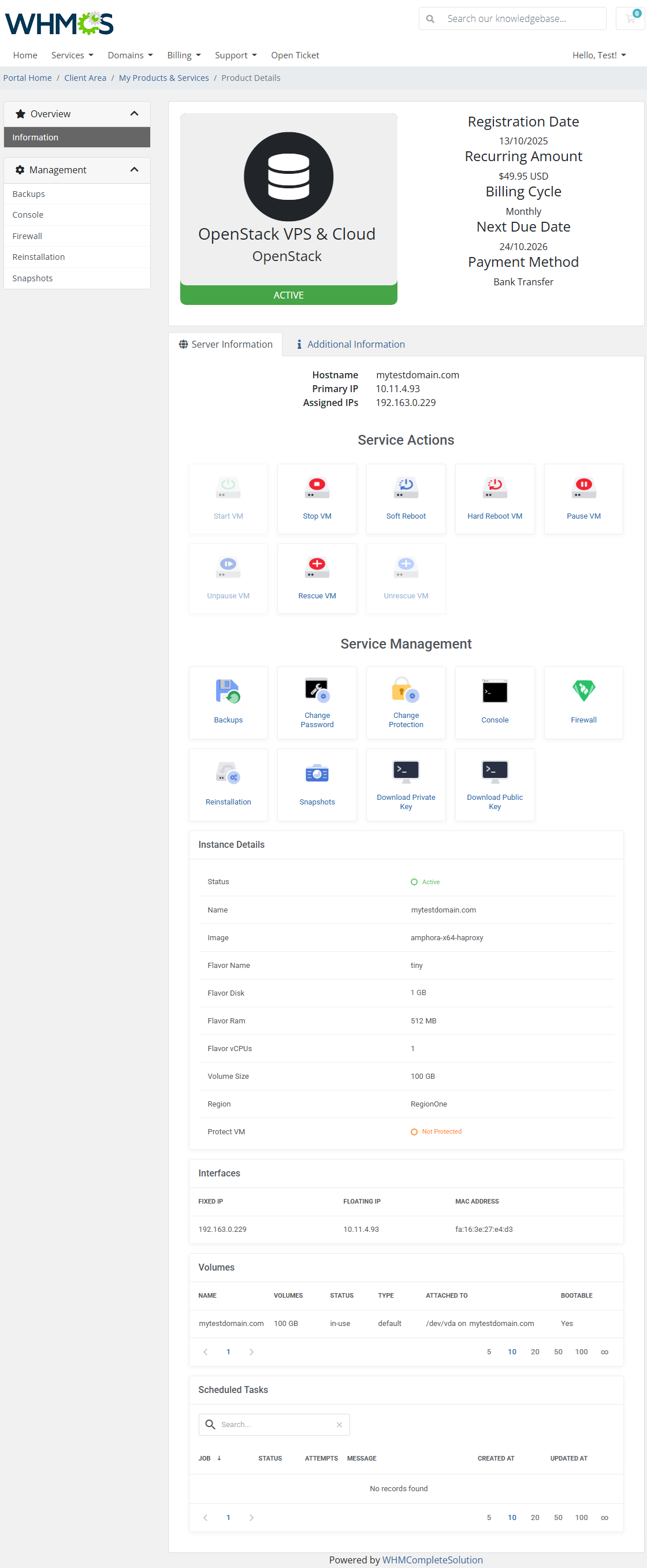 OpenStack VPS And Cloud For WHMCS: WHMCS client area product details with service actions and instance details