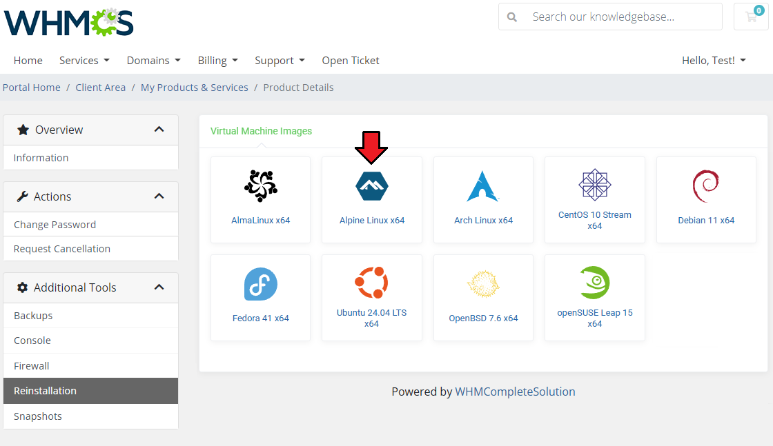 OpenStack VPS And Cloud For WHMCS: WHMCS client area Reinstallation page with virtual machine images to choose