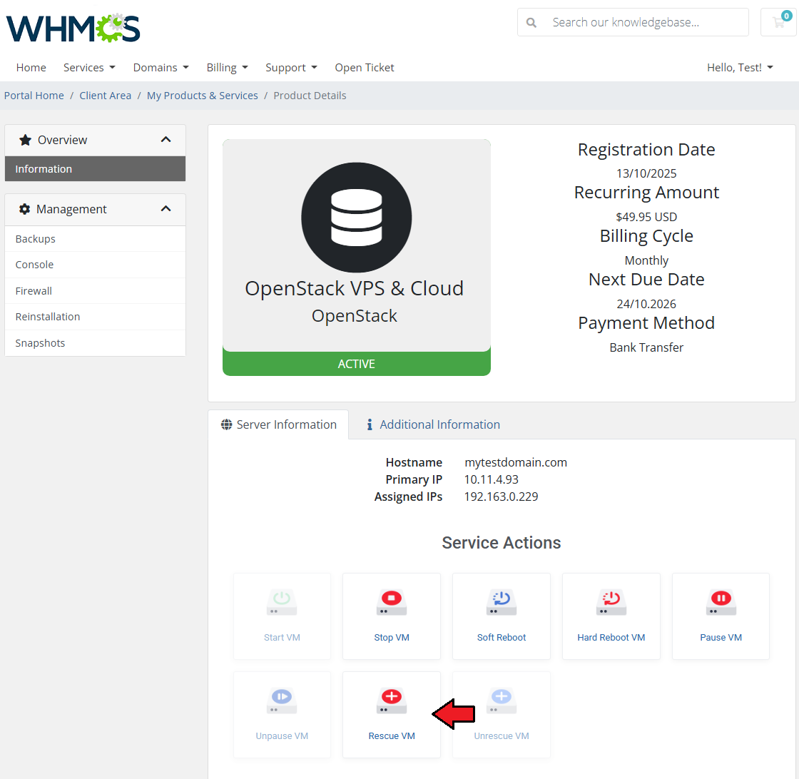 OpenStack VPS And Cloud For WHMCS: WHMCS client area product page with an arrow pointing to the Rescue VM button