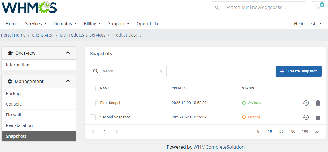 OpenStack VPS And Cloud For WHMCS: WHMCS client area Snapshots page with a list of snapshots and the Create Snapshot