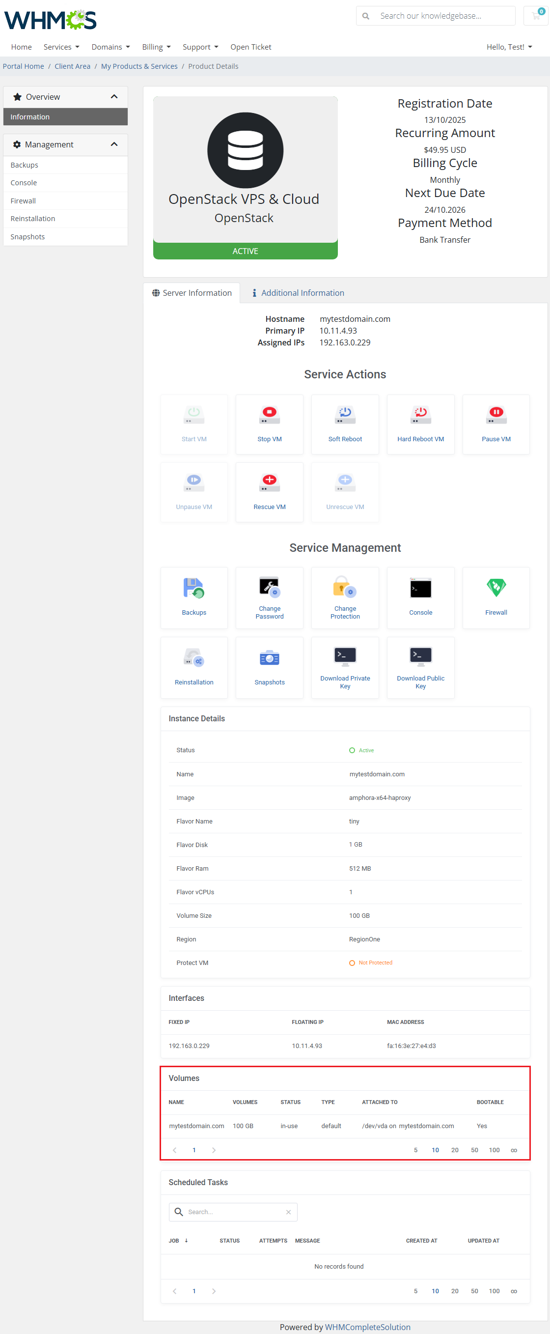OpenStack VPS And Cloud For WHMCS: WHMCS client area product details with the Volumes section highlighted in red
