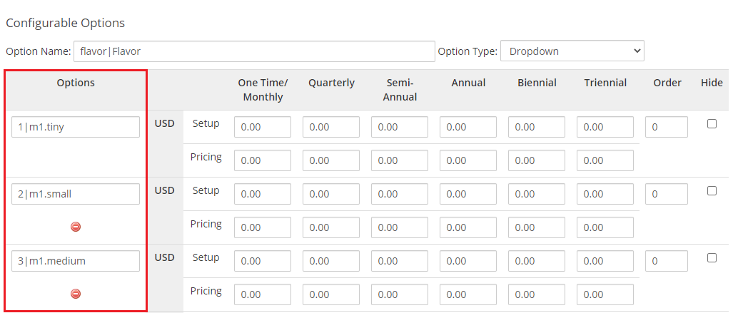 OpenStack VPS And Cloud For WHMCS: configurable option editor for Flavor with the option names highlighted