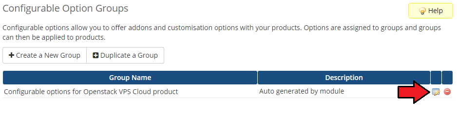 OpenStack VPS And Cloud For WHMCS: WHMCS admin area Configurable Option Groups list with the edit icon marked