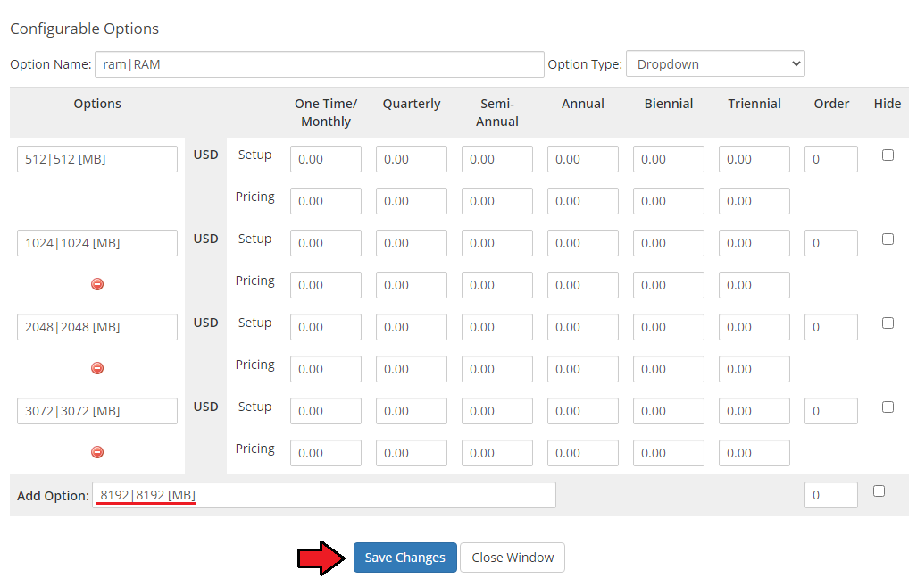 OpenStack VPS And Cloud For WHMCS: configurable option editor for RAM with a new 8192 MB option and the Save Changes
