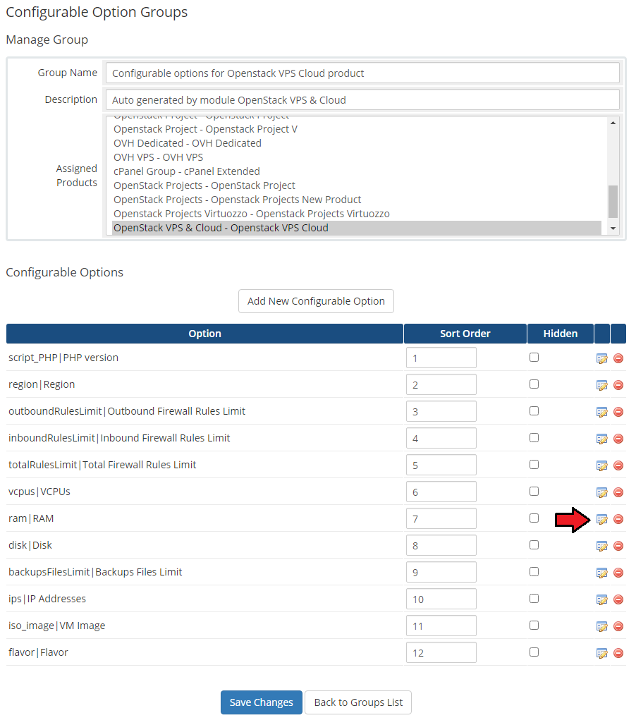 OpenStack VPS And Cloud For WHMCS: WHMCS admin area configurable option group with the ram edit icon marked