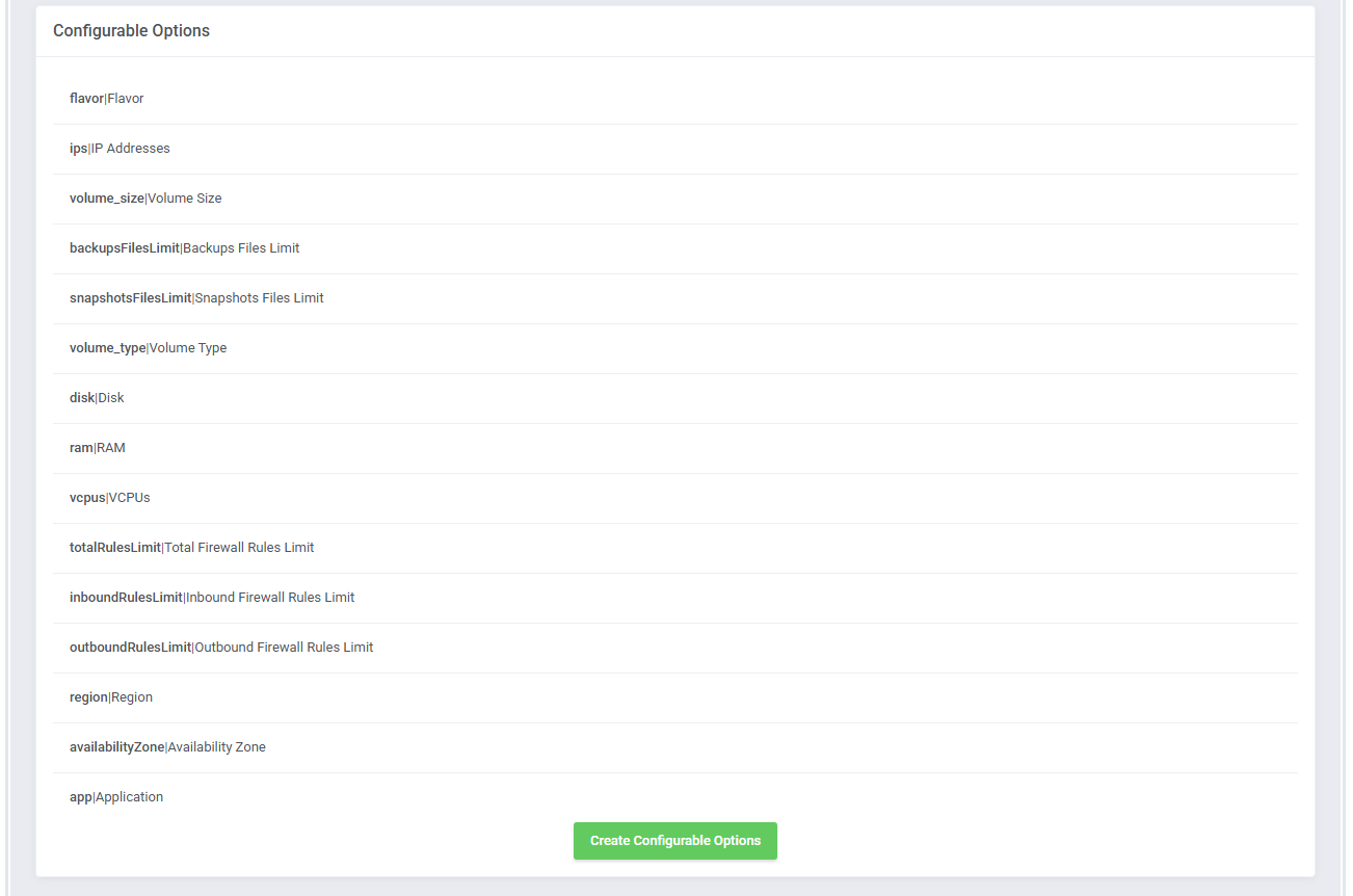 OpenStack VPS And Cloud For WHMCS: Configurable Options section with the option list and Create Configurable Options