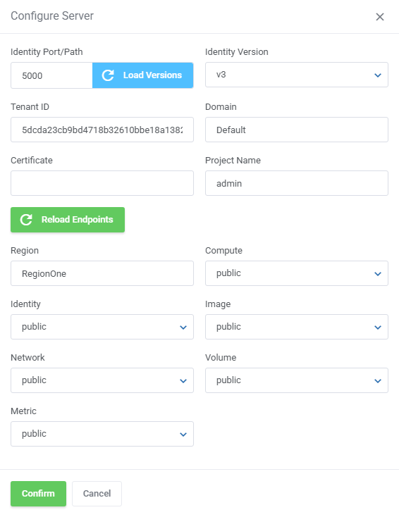 OpenStack VPS And Cloud For WHMCS: Configure Server dialog with identity port, tenant ID, region and endpoint type
