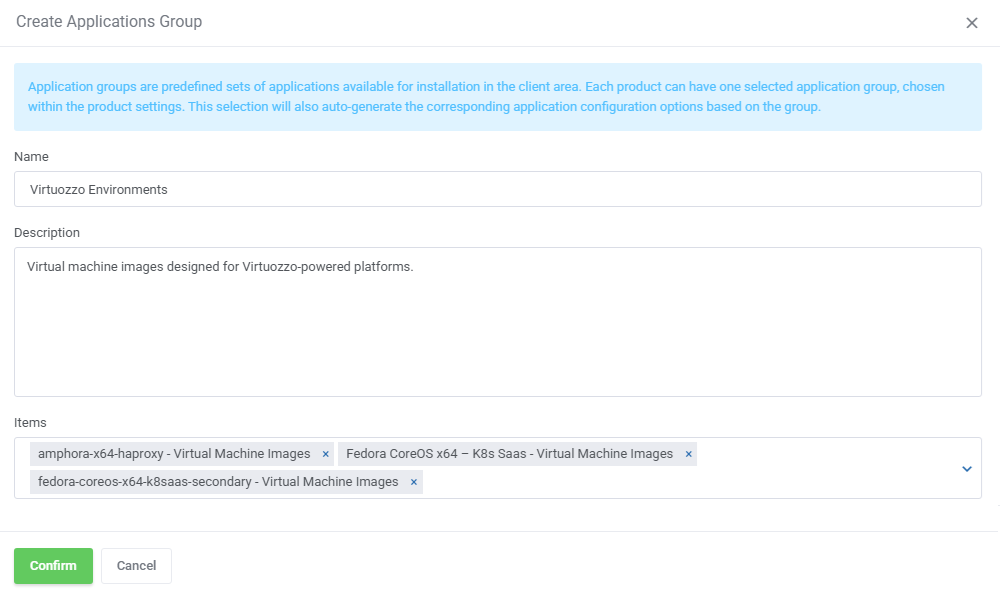 OpenStack VPS And Cloud For WHMCS: Create Applications Group dialog with name, description and items fields