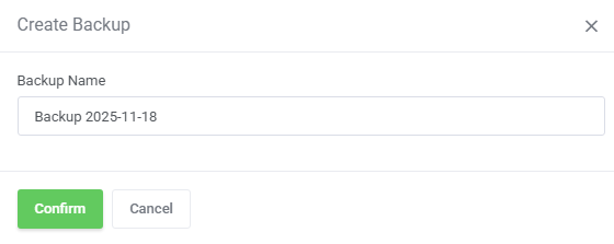 OpenStack VPS And Cloud For WHMCS: Create Backup dialog with the Backup Name field and the Confirm button