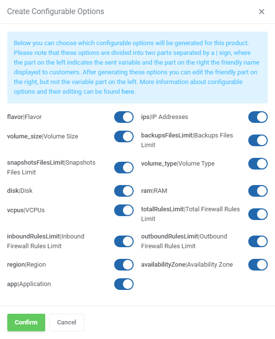 OpenStack VPS And Cloud For WHMCS: Create Configurable Options dialog with option switches and the Confirm button