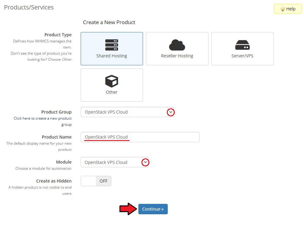 OpenStack VPS And Cloud For WHMCS: WHMCS Create a New Product form with type, group, name, module and Continue button