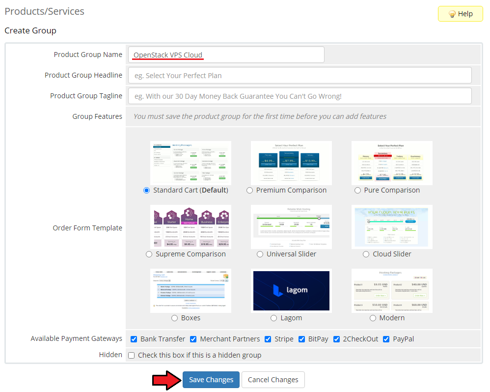 OpenStack VPS And Cloud For WHMCS: WHMCS Create Group form with the product group name filled in and Save Changes button