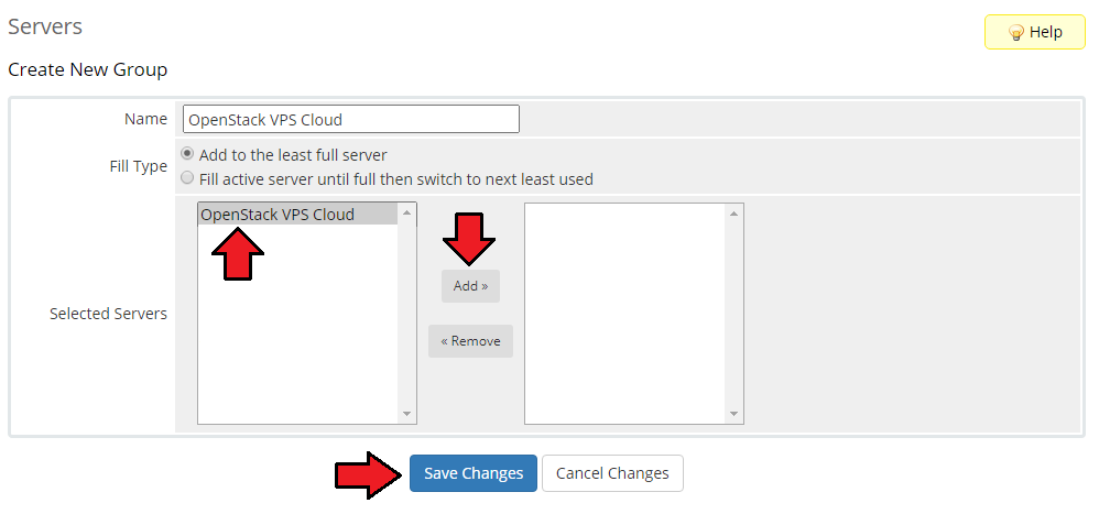 OpenStack VPS And Cloud For WHMCS: Create New Group form with the group name, selected server, Add button and Save