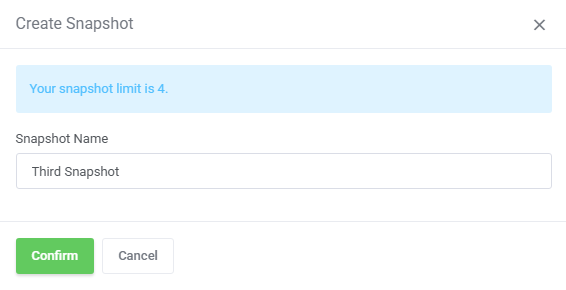OpenStack VPS And Cloud For WHMCS: Create Snapshot dialog with the snapshot limit message and the Snapshot Name field