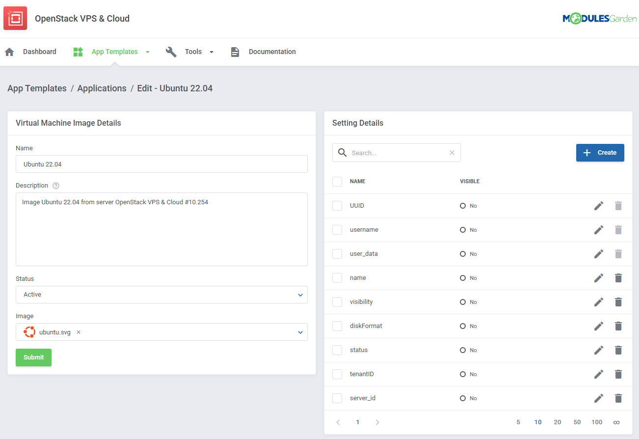 OpenStack VPS And Cloud For WHMCS: edit page of the Ubuntu 22.04 image template with details and Setting Details