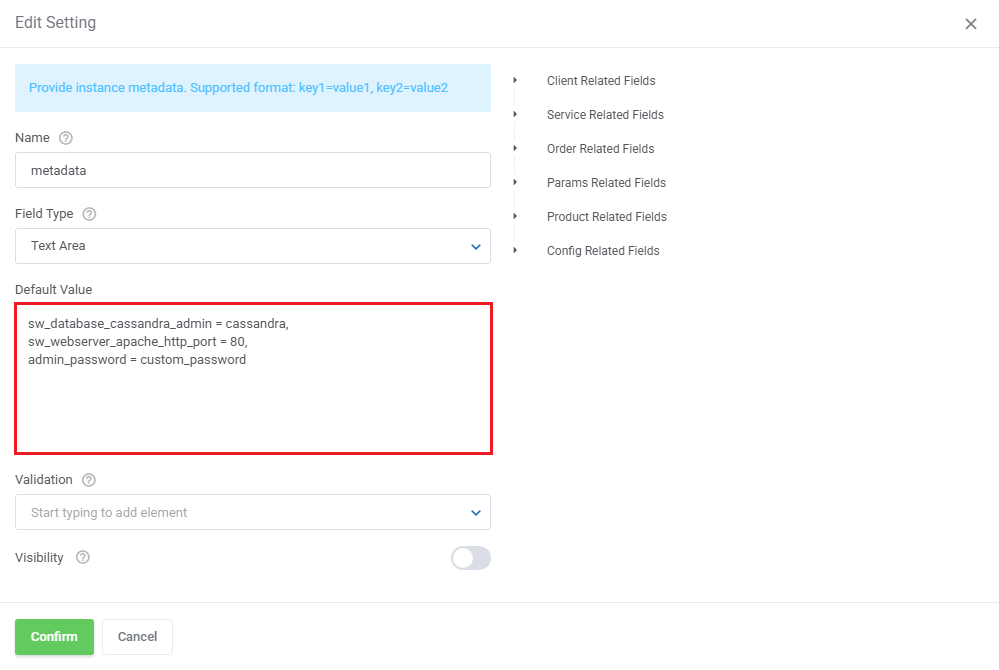 OpenStack VPS And Cloud For WHMCS: Edit Setting dialog for metadata with key=value pairs in the Default Value field