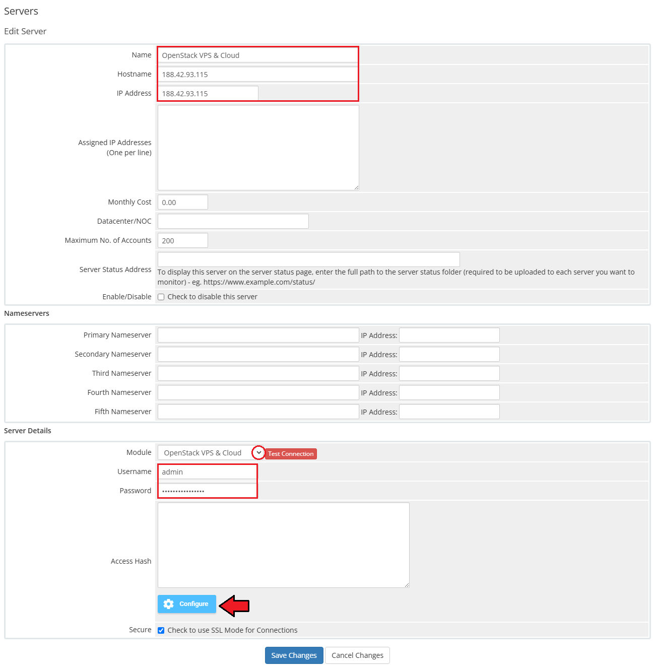 OpenStack VPS And Cloud For WHMCS: WHMCS Edit Server form with name, hostname, IP, credentials and the Configure button