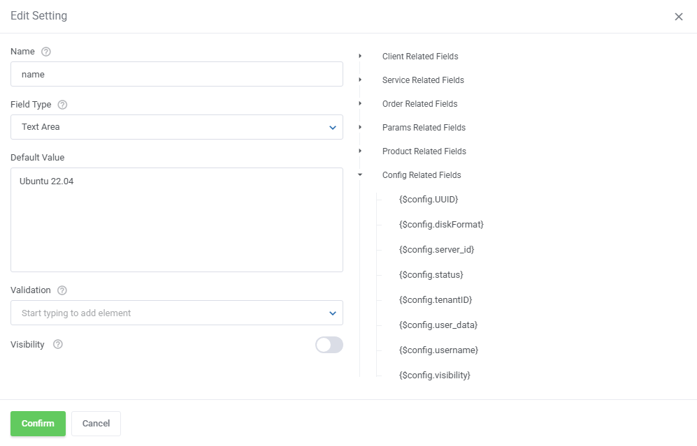 OpenStack VPS And Cloud For WHMCS: Edit Setting dialog of the name setting with a text area and Config Related Fields