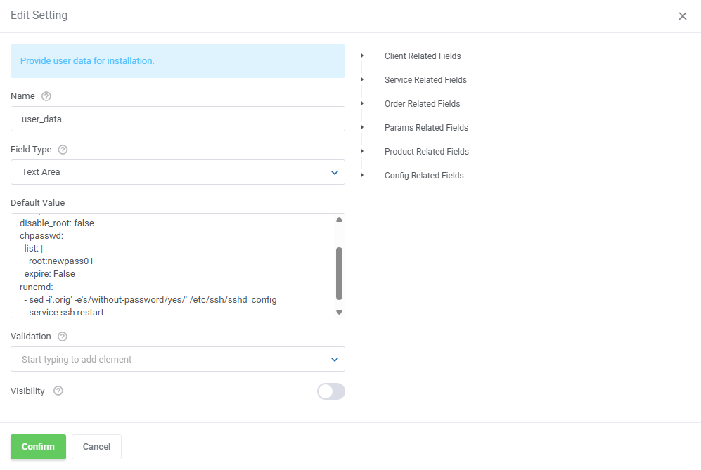 OpenStack VPS And Cloud For WHMCS: Edit Setting dialog for user_data with a cloud-init script that sets the root