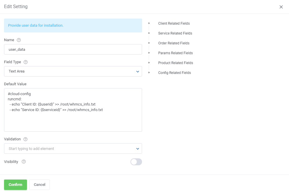 OpenStack VPS And Cloud For WHMCS: Edit Setting dialog for user_data with a cloud-init script using ID variables