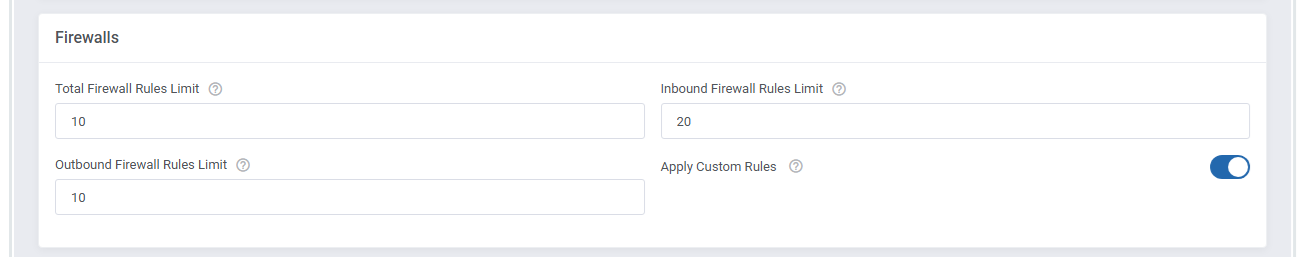 OpenStack VPS And Cloud For WHMCS: Firewalls section with rule limits and the Apply Custom Rules switch