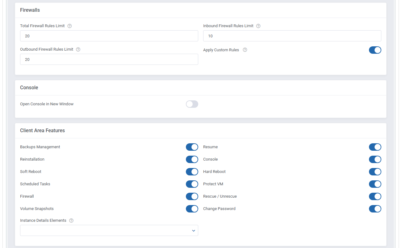 OpenStack VPS And Cloud For WHMCS: Firewalls, Console and Client Area Features sections of the product module settings