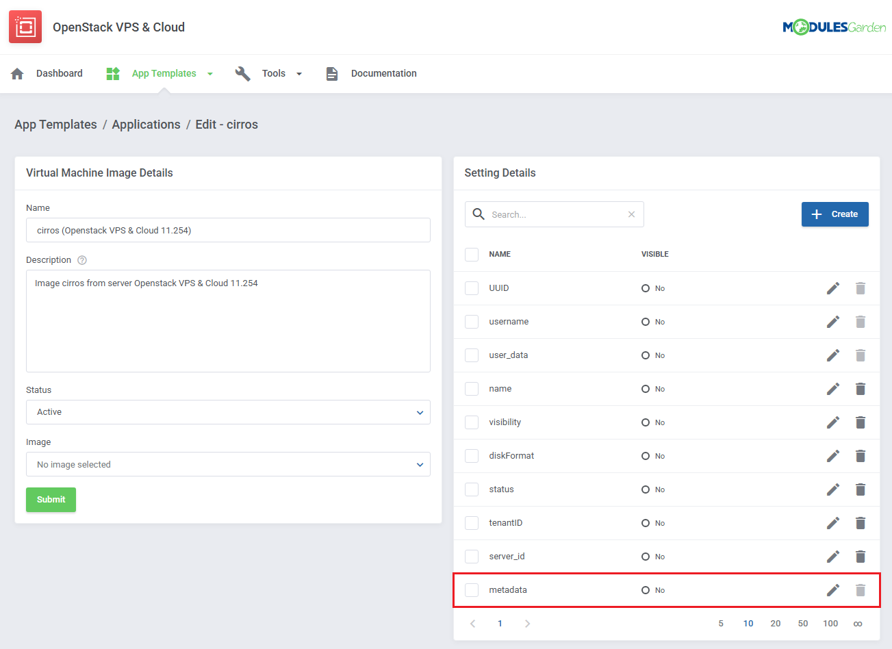 OpenStack VPS And Cloud For WHMCS: image template with the metadata setting highlighted in the Setting Details list